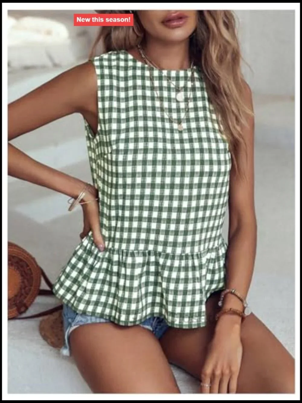 Womens Sleeveless Gingham Print Peplum Top Ruffle Hem Blouse